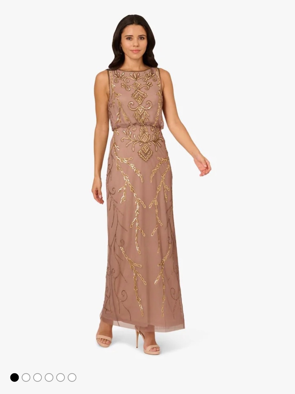 Adrianna Papell Taupe Beaded Blouson Sleeveless Long Dress with Gold Beadwork